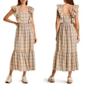 Madewell Ruffle Tier Midi Dress Tan Blue Plaid Country Cottage Prairie NEW Med